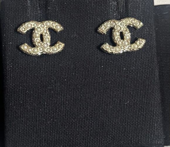 CHANEL Jewelry - NWT Chanel Classic CC Logo Gold Pearl White with Crystal Stud Earrings